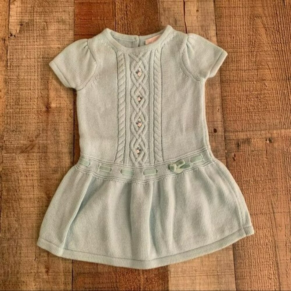 Janie And Jack Girls Size 6-12M Light Blue Short Sleeve Cable Knit Dress